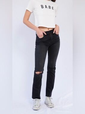 Frame Denim Black Le High Straight Jeans with Distressed Raw Hem and Knee Rips